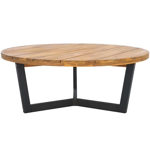 Natural and black round tripod outdoor coffee table, view 2