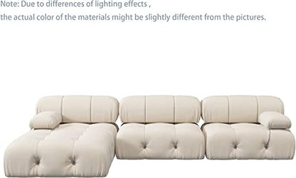 L-Shaped Sectional Couch, 104'' Minimalist Velvet Floor Sofas Couches, Mid-Century Modular Sectional Sofa with Reversible Chaise Ottoman for Living Room, Apartment (3-Seat, 1 Ottoman, Beige)