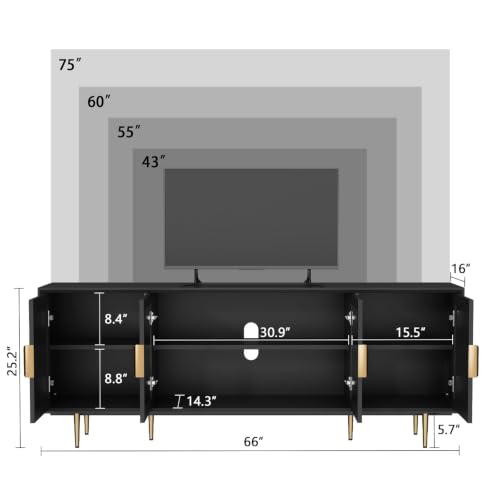 66" TV Stand with Storage Glass Door, Entertainment Center, Black, view 3