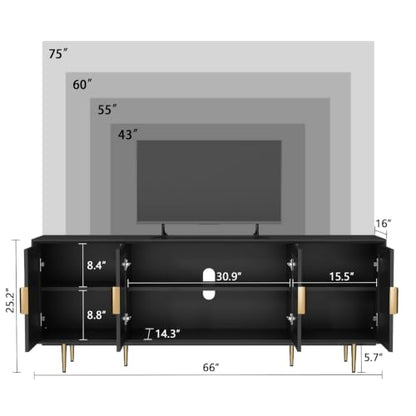 66" TV Stand with Storage Glass Door, Entertainment Center, Black, view 3