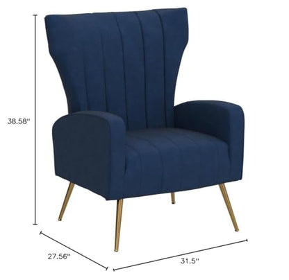 Modern Velvet Accent Chair, Channel Tufted Bedroom, Office or Living Room Furniture with Elegant Metal Legs, 26" Wide Armchair, Blue
