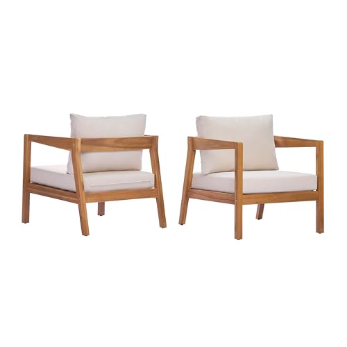 5 Piece Outdoor Acacia Wood Patio Furniture Set Lounge Chairs Coffee Table 3 Seater Sofa Deep Seating Conversation Set Teak Finish Beige Cushion
