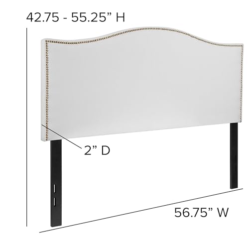Contemporary Full Upholstered Panel Headboard, White Fabric with Brass Nailhead Trim, Adjustable Black Metal Legs, 56.75 in Wide, Bedroom Furniture for Master, Guest, or Apartment Use