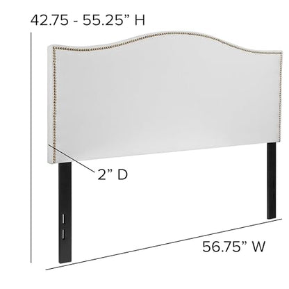 Contemporary Full Upholstered Panel Headboard, White Fabric with Brass Nailhead Trim, Adjustable Black Metal Legs, 56.75 in Wide, Bedroom Furniture for Master, Guest, or Apartment Use