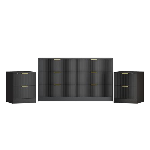 3-Piece Modern Bedroom Furniture Set, Wide 6-Drawer Dresser & 2-Drawer Nightstands Set of 2, Natural Wood Dresser and Nightstand Sets for Bedroom, Hallway, Black