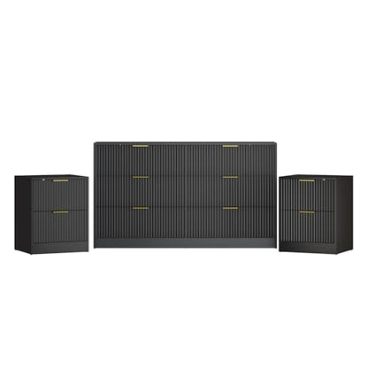 3-Piece Modern Bedroom Furniture Set, Wide 6-Drawer Dresser & 2-Drawer Nightstands Set of 2, Natural Wood Dresser and Nightstand Sets for Bedroom, Hallway, Black