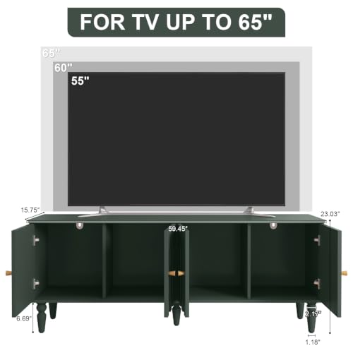 60" Mid-Centry Modern TV Stand with Storage, 4 Cabinet, Green, view 3