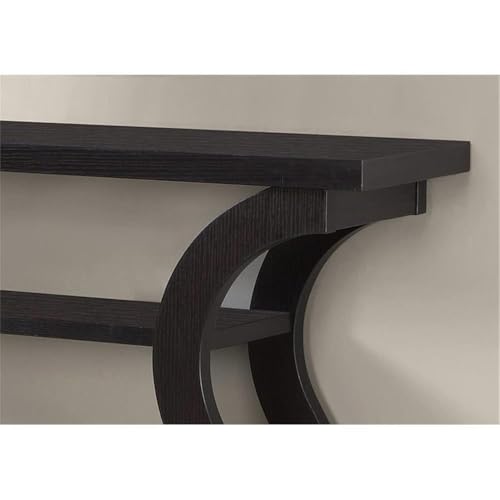 47" Three Tier Hall Console Accent Table, Cappuccino Finish, Wood Construction, 32" H x 12" W x 47" D, Open Shelves, Curved Base, Stylish Hallway, Living Room or Home Office Storage