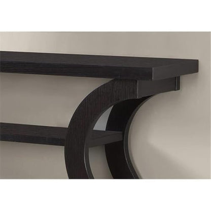 47" Three Tier Hall Console Accent Table, Cappuccino Finish, Wood Construction, 32" H x 12" W x 47" D, Open Shelves, Curved Base, Stylish Hallway, Living Room or Home Office Storage