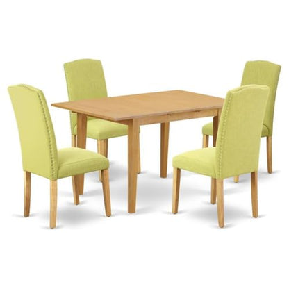 5-Piece Dining Set, Rectangular Oak Wood Table, 4 Limelight Linen Upholstered Parson Chairs, Compact Size, Nailhead Trim, Ergonomic Back Support, Kitchen or Dining Room Furniture for 2–4