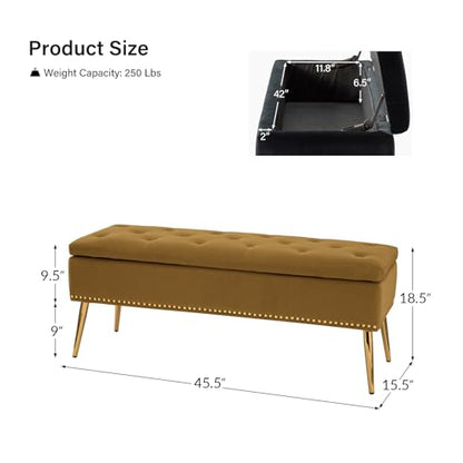 Modern Velvet Storage Ottoman Bench with Gold Base & Nailhead Trim, Upholstered Bedroom Bench for End of Bed, Button-Tufted Footstool for Entryway Living Room Dining Room, Golden