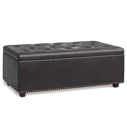 Hamilton 44 inch Wide Traditional Rectangle Lift Top Rectangular Storage Ottoman in Tanners Brown Vegan Faux Leather, Assembled, For the Living Room, Entryway and Family Room