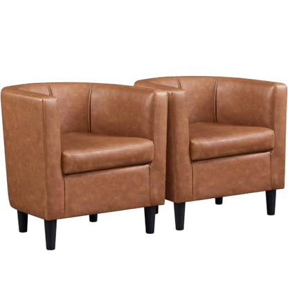 Yaheetech Barrel Accent Chairs Set of 2, Modern Armchairs, Brown | Faux Leather Chair with High-Density Foam Seat, Upholstered Barrel Sofa Chair for Living Room Bedroom Waiting Room