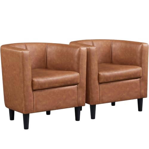 Yaheetech Barrel Accent Chairs Set of 2, Modern Armchairs, Brown | Faux Leather Chair with High-Density Foam Seat, Upholstered Barrel Sofa Chair for Living Room Bedroom Waiting Room
