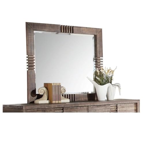 Rectangular Beveled Bedroom Mirror, 39" H x 44" W, Acacia Wood, Reclaimed Oak Finish, Transitional Style, Durable Vanity or Wall Mirror for Bedroom Decor