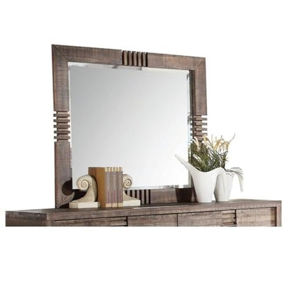 Rectangular Beveled Bedroom Mirror, 39" H x 44" W, Acacia Wood, Reclaimed Oak Finish, Transitional Style, Durable Vanity or Wall Mirror for Bedroom Decor