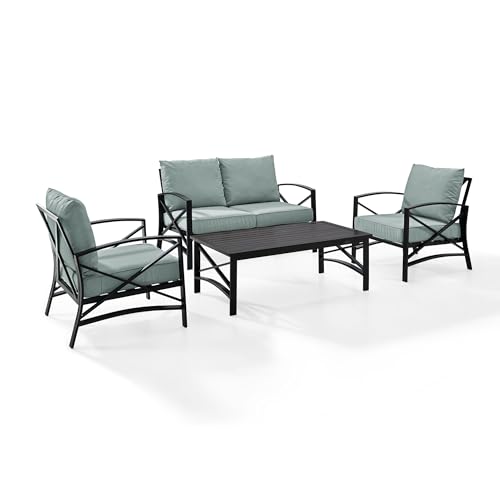 Crosley Furniture KO60009BZ-MI Kaplan Outdoor Metal 4-Piece Seating Set (Loveseat, 2 Arm Chairs and Coffee Table), Oiled Bronze with Mist Cushions