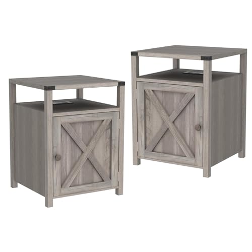 Farmhouse Nightstand Set of 2 with Storage, Rustic End Table, Grey, view 2