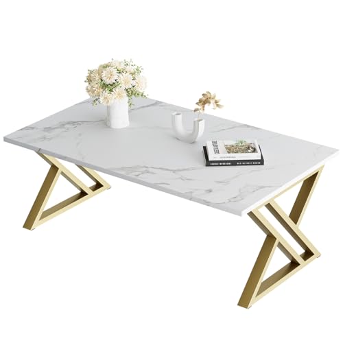Coffee Table Living Room Table White Center Table, Simple Modern Faux Marble Rectangular Tea Tables with Sturdy Gold Metal Frame,Industrial Wooden Coffee Table for Bedroom Home Office