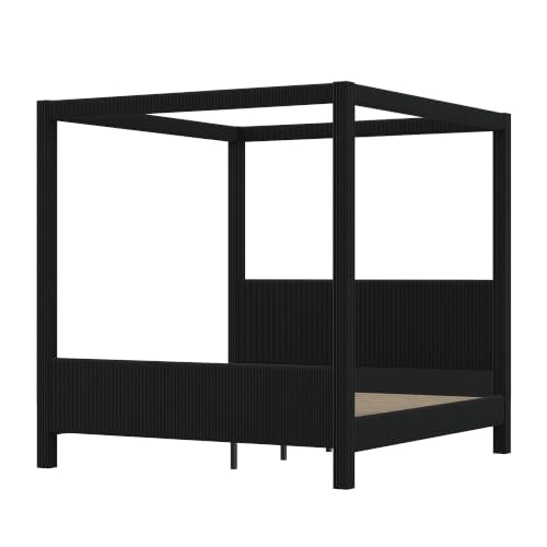 Queen Size Upholstered Canopy Bed with Padded Headboard & Footboard, Black, view 8