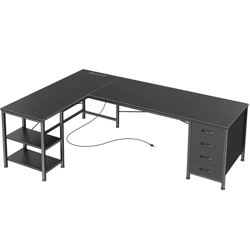 55 Inch L Shaped Desk with Fabric Drawers, Reversible Computer Gaming Desk with Power Outlets and USB-C Port, Adjustable Side Storage Shelves, for Work Study Corner Home Office, Black