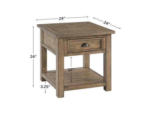 Monterey Farmhouse Rustic End Table, Solid Pine Wood Coastal Side Table with Drawer and Shelf. Reclaimed Natural.