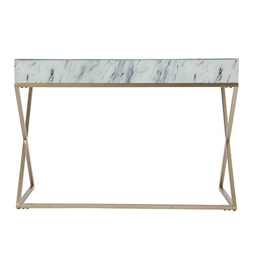 Kamblemore Faux Marble Writing Desk with Storage - Transitional Design, White Glass and Wood - Ideal for Home Office, Bedroom (HO1152137)