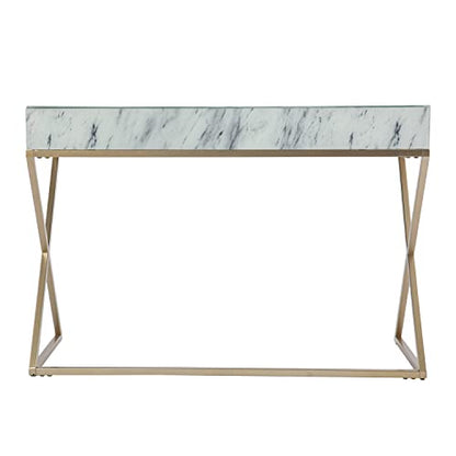 Kamblemore Faux Marble Writing Desk with Storage - Transitional Design, White Glass and Wood - Ideal for Home Office, Bedroom (HO1152137)