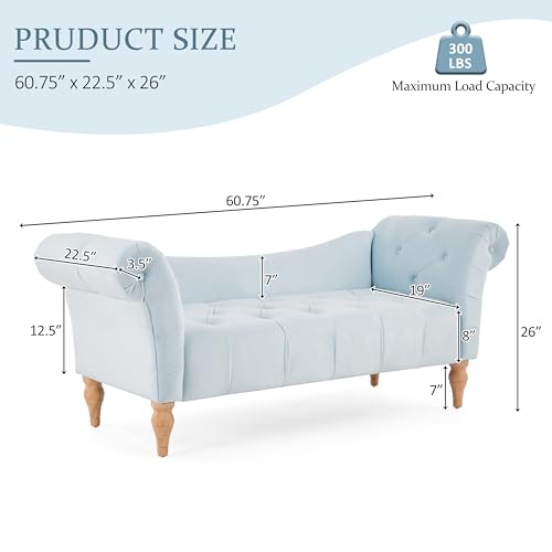 Ucal Velvet Upholstered End of Bed Ottoman, Wooden Living Room Ottoman Bench with Curved Arms, Long Entryway Bench with Button Tufting, Long Seating for Bedroom, Light Blue