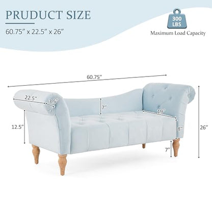 Ucal Velvet Upholstered End of Bed Ottoman, Wooden Living Room Ottoman Bench with Curved Arms, Long Entryway Bench with Button Tufting, Long Seating for Bedroom, Light Blue