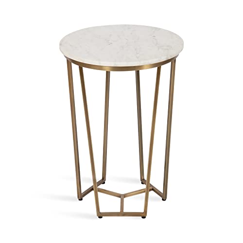 Solvay Round Metal and Marble Side Table; 16 x 16 x 24; White Marble and Antique Brass; Modern Glam Bedroom Nightstand Table with Premium Natural Marble Stone and Iron Base