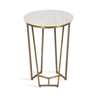 Solvay Round Metal and Marble Side Table; 16 x 16 x 24; White Marble and Antique Brass; Modern Glam Bedroom Nightstand Table with Premium Natural Marble Stone and Iron Base