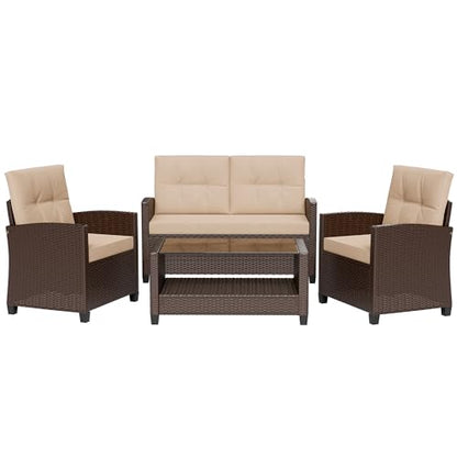 4 Piece Patio Furniture Set, Outdoor Rattan Conversation Set with Coffee Table, Outside Wicker Sectional Sofa Couch with Cushion, Brown and Khaki