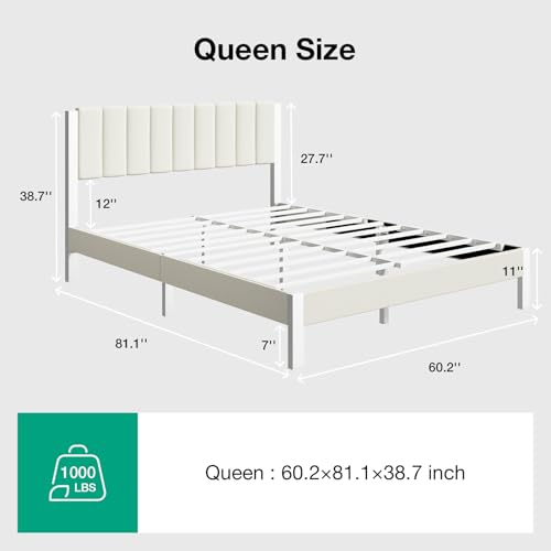 Metal Platform Bed Frame with Velvet White Headboard, view 3