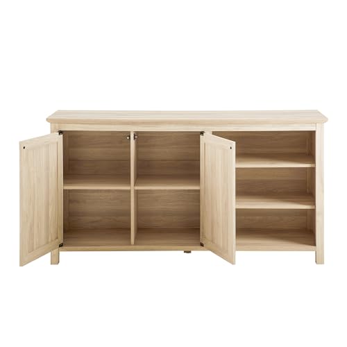 Modern Wood Grooved Buffet Sideboard with Open Storage Entryway Serving Storage Cabinet Doors Dining Room Console, 58 Inch, Birch