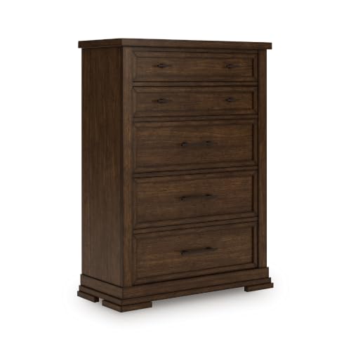 Signature Design by Ashley Taffenbrook Farmhouse Chest of Drawers, 58-Inch Tall Dresser for Bedroom, Hardwood Solids, Mango Wood Veneer, and MDF Substrate, Medium Brown
