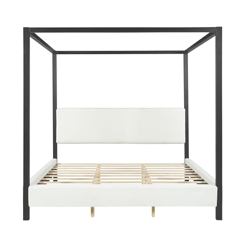 Modern King Szie Metal Canopy Bed with Plush Bouclé Upholstery, view 6