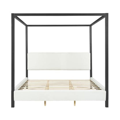 Modern King Szie Metal Canopy Bed with Plush Bouclé Upholstery, view 6