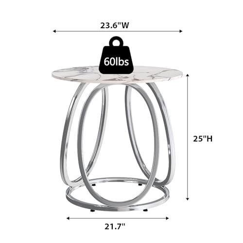 Silver Side Table Living Room, Round End Table with Metal Frame, Modern Nightstand for Small Spaces, Bedroom, Home Office, 1PC