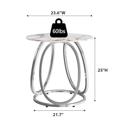 Silver Side Table Living Room, Round End Table with Metal Frame, Modern Nightstand for Small Spaces, Bedroom, Home Office, 1PC