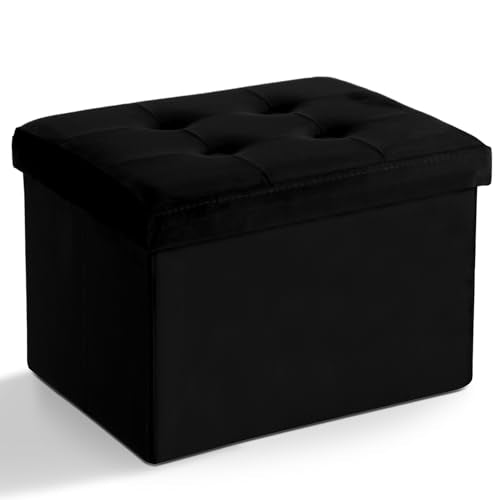 Storage Ottoman Folding Foot Stool Velvet Foot Rest with Padded Modern Ottoman with Storage for Living Room Puppy Step Stool 17x13x13in(Black)
