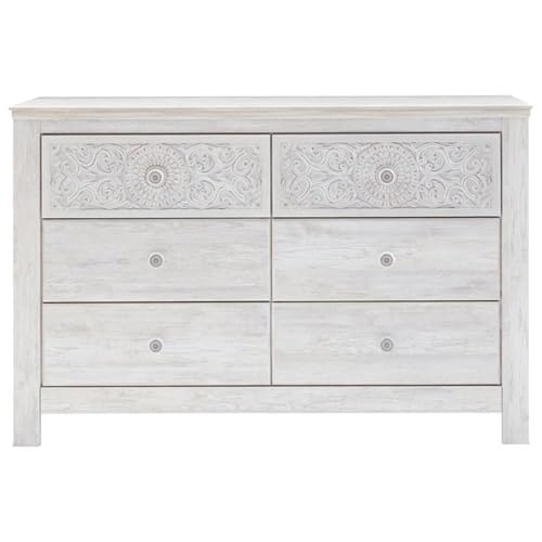 Signature Design by Ashley Paxberry Boho 6 Drawer Dresser, Smooth-gliding Faux Laminate Lined Drawers, Wood, 61.26" W x 15.83" D x 40" H, Whitewash
