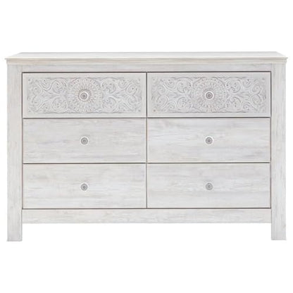Signature Design by Ashley Paxberry Boho 6 Drawer Dresser, Smooth-gliding Faux Laminate Lined Drawers, Wood, 61.26" W x 15.83" D x 40" H, Whitewash