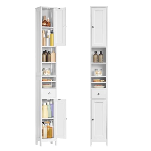 VASAGLE Tall Storage Cabinet, Slim Freestanding Floor Cabinet with Adjustable Shelves, Drawer, Open Compartments, for Small Spaces, Bathroom, Living Room, Modern, Cloud White UBBC765W01