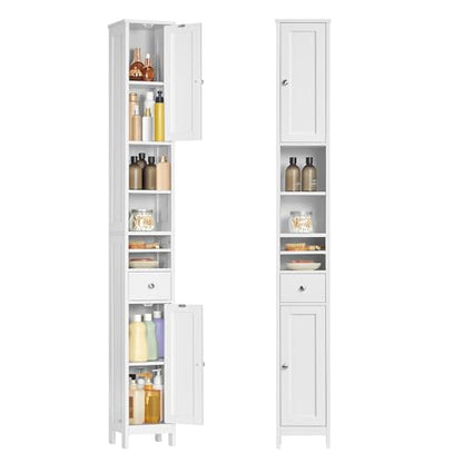 VASAGLE Tall Storage Cabinet, Slim Freestanding Floor Cabinet with Adjustable Shelves, Drawer, Open Compartments, for Small Spaces, Bathroom, Living Room, Modern, Cloud White UBBC765W01