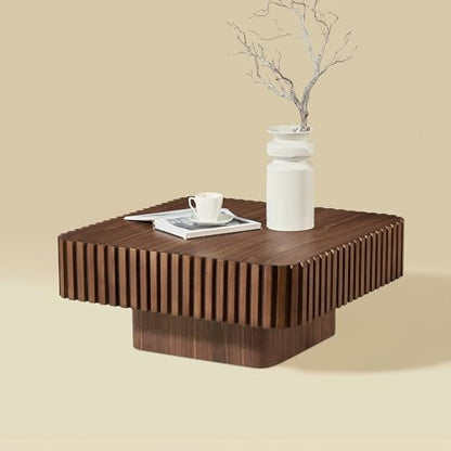 35.43" Square Coffee Table with Sturdy Base, Modern Luxury Wood Drum Center Table Accent End Side Table for Living Room, Minimalist Fluted Design, Walnut