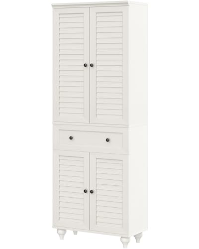 80" Tall Storage Cabinet with Louvered Doors and Adjustable Shelves, Farmhouse Kitchen Pantry Cabinet, Freestanding Storage for Dining Room, Living Room, Home Office, Bathroom, Rustic White