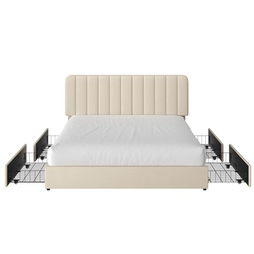 Velvet Platform Storage Bed with Wooden Slats, Beige, view 8