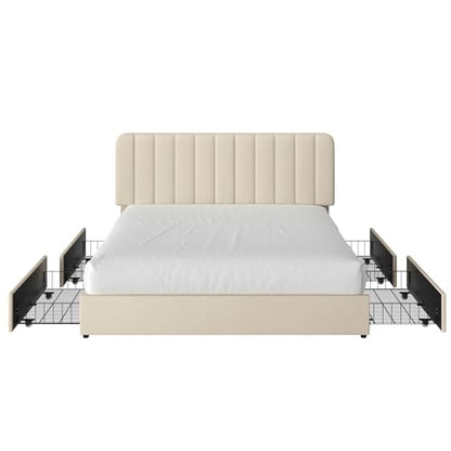 Velvet Platform Storage Bed with Wooden Slats, Beige, view 8
