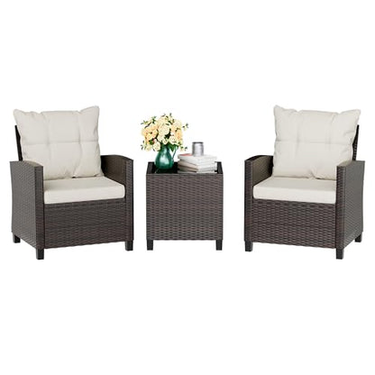3 Pieces Patio Furniture Set Small Outdoor Wicker Rattan Front Porch Bistro Set Cushioned Patio Chairs Conversation Set with Glass Table for Lawn, Garden, Backyard, Balcony, Beige